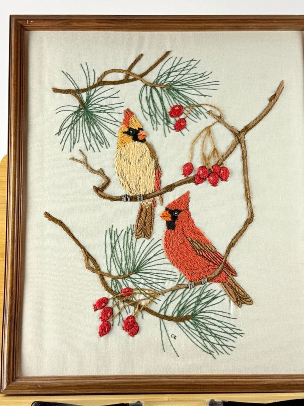 Vintage Framed Wall Art Cardinal Birds in Pine Tree Needle Point Embroidered
